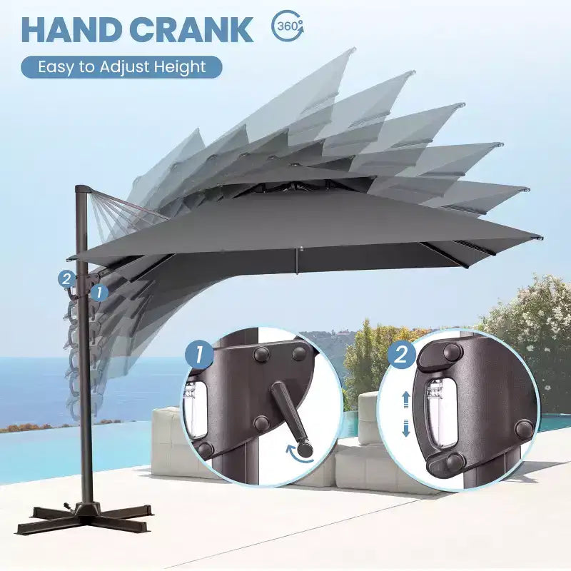 Parasol déporté inclinable à 2 niveaux, carré, pour patio, rotation à 360°