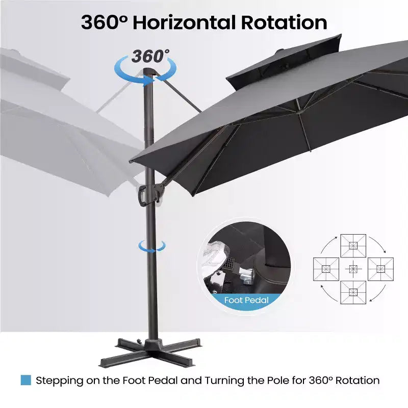 Parasol déporté inclinable à 2 niveaux, carré, pour patio, rotation à 360°