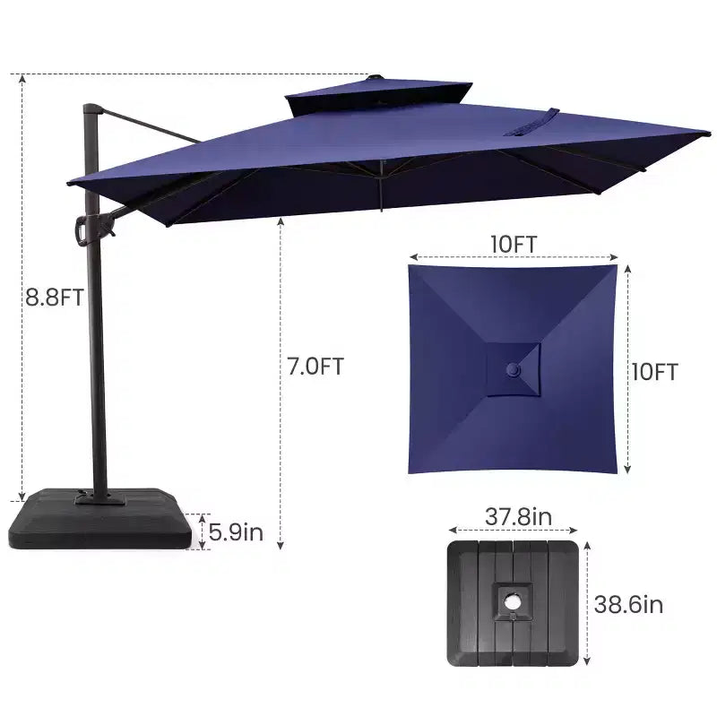 Parasol déporté inclinable à 2 niveaux, carré, pour patio, rotation à 360°