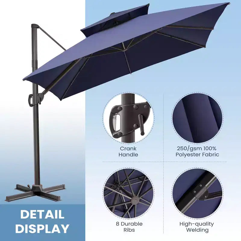 Parasol déporté inclinable à 2 niveaux, carré, pour patio, rotation à 360°