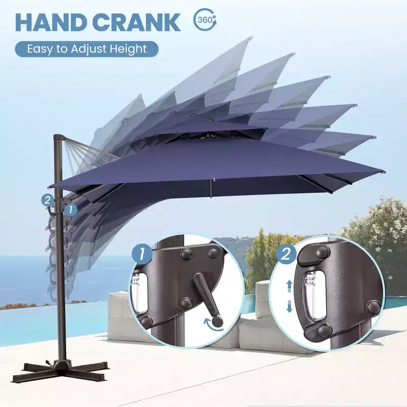 Parasol déporté inclinable à 2 niveaux, carré, pour patio, rotation à 360°