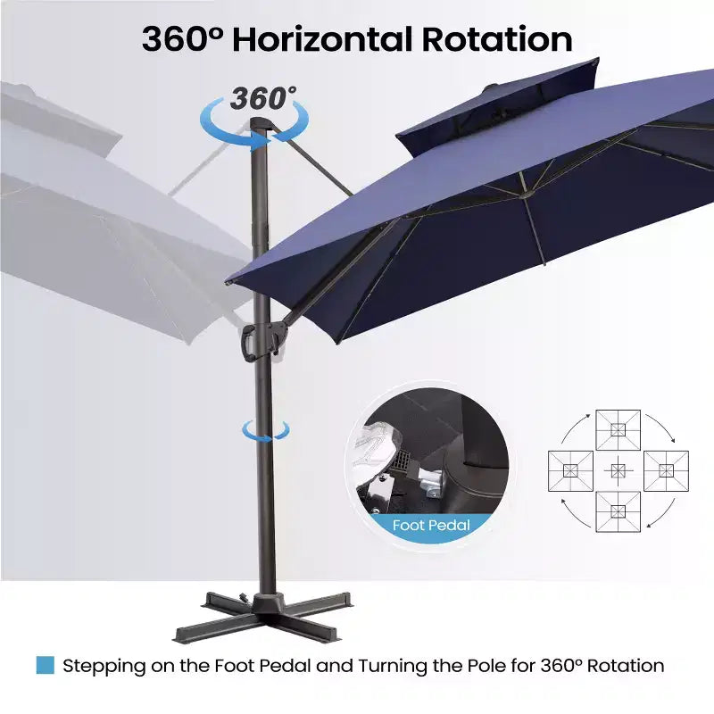 Parasol déporté inclinable à 2 niveaux, carré, pour patio, rotation à 360°