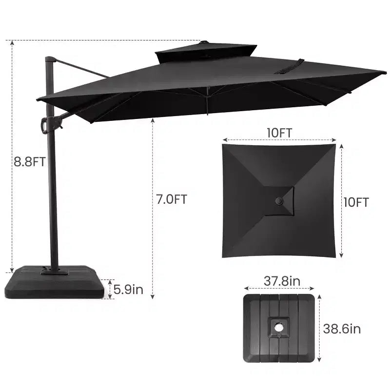 Parasol déporté inclinable à 2 niveaux, carré, pour patio, rotation à 360°
