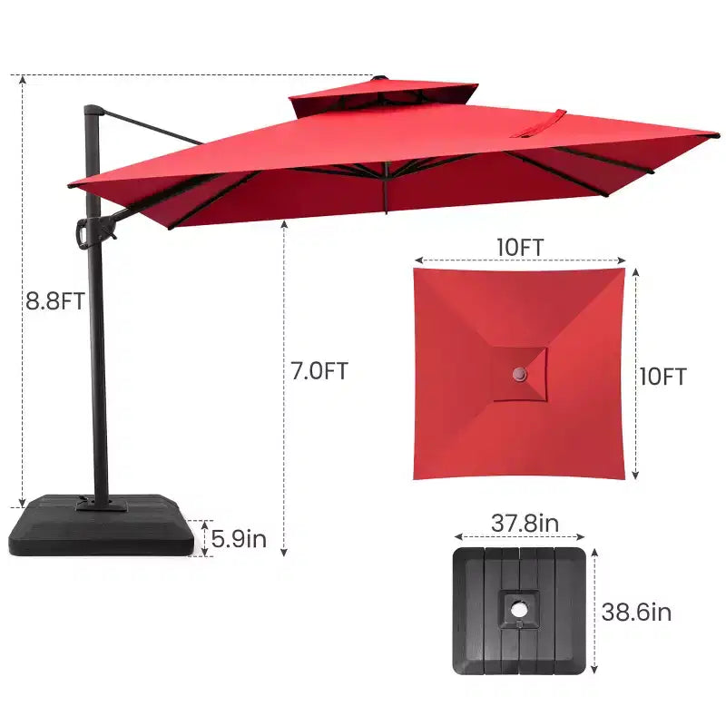 Parasol déporté inclinable à 2 niveaux, carré, pour patio, rotation à 360°