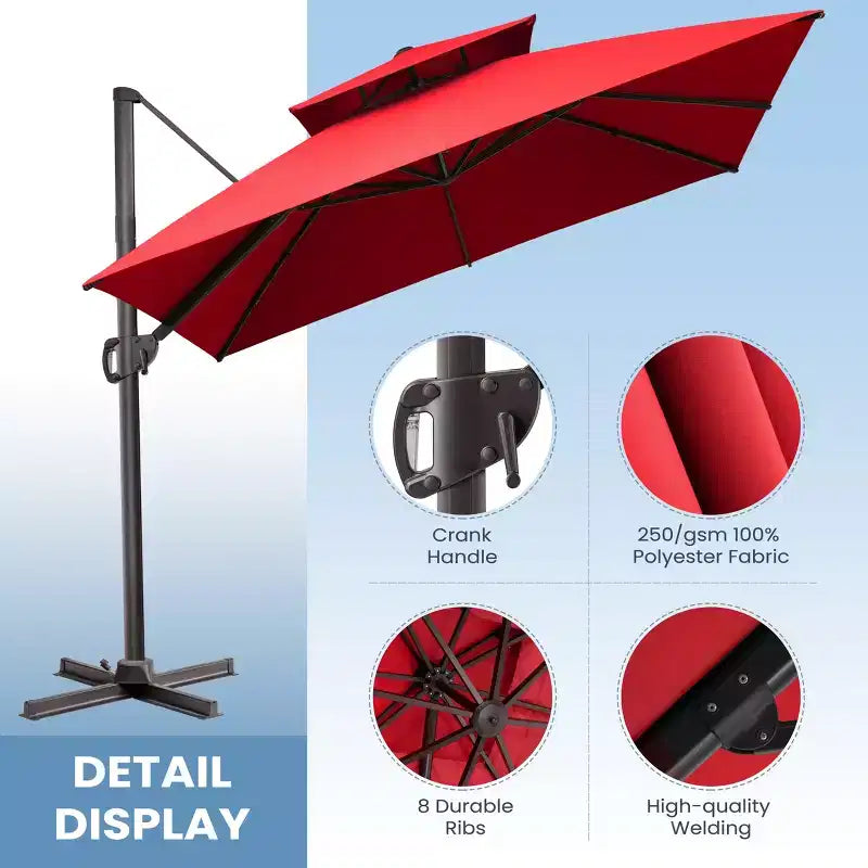Parasol déporté inclinable à 2 niveaux, carré, pour patio, rotation à 360°