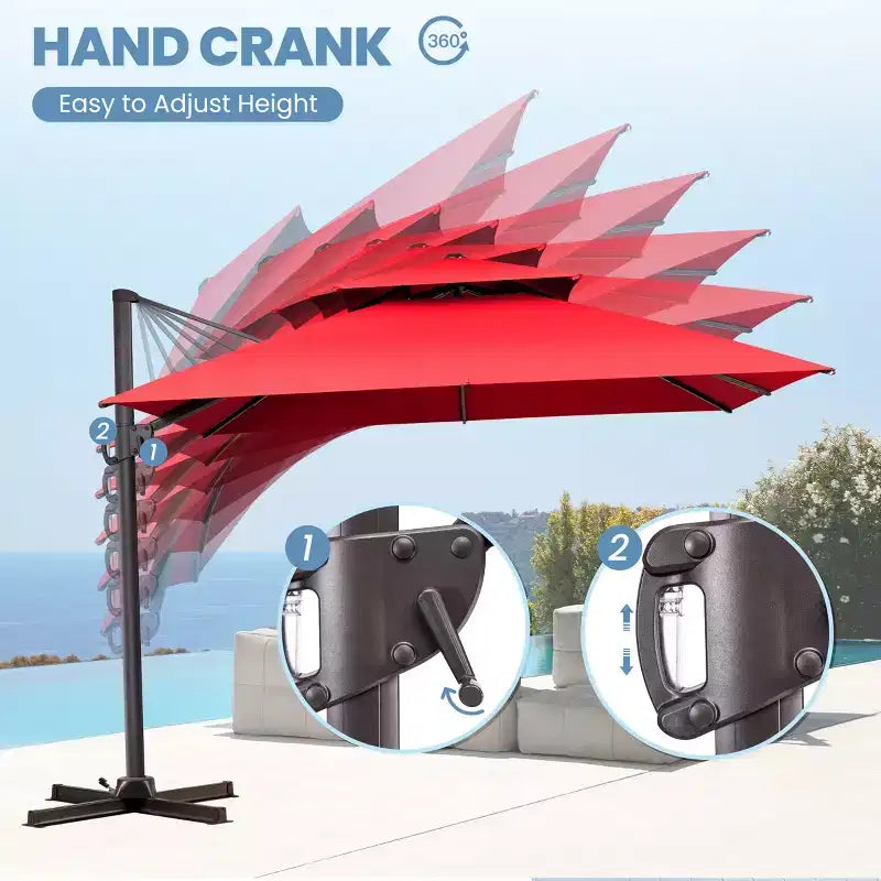 Parasol déporté inclinable à 2 niveaux, carré, pour patio, rotation à 360°
