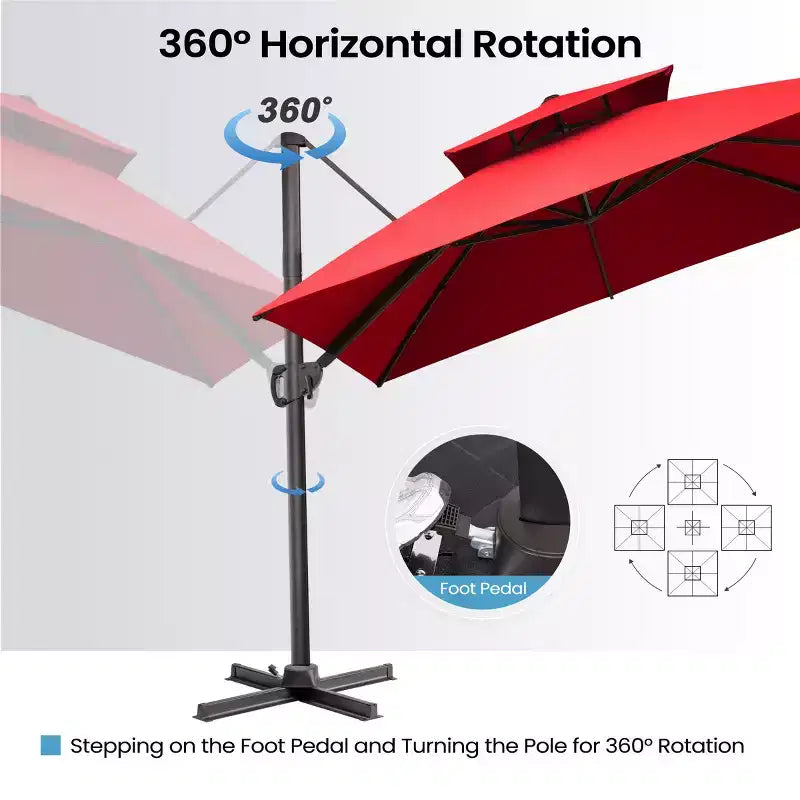 Parasol déporté inclinable à 2 niveaux, carré, pour patio, rotation à 360°