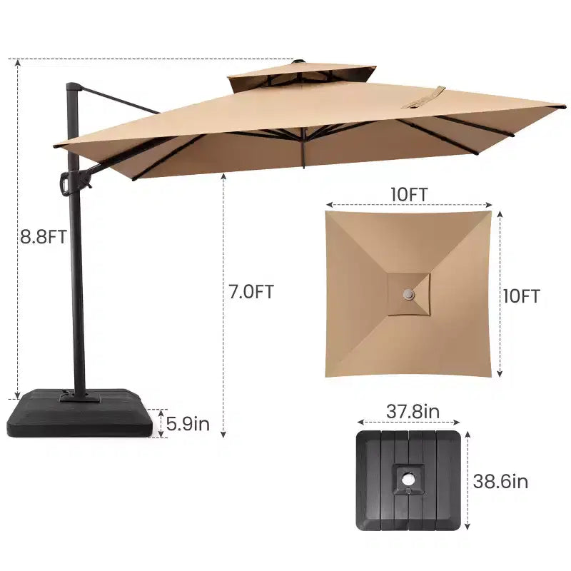 Parasol déporté inclinable à 2 niveaux, carré, pour patio, rotation à 360°