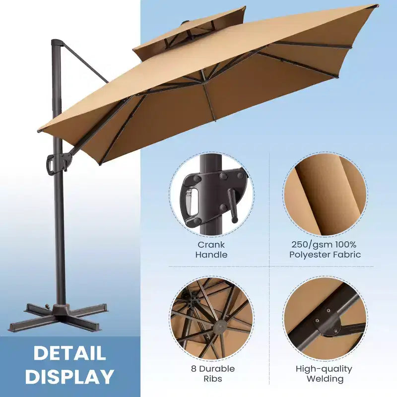 Parasol déporté inclinable à 2 niveaux, carré, pour patio, rotation à 360°