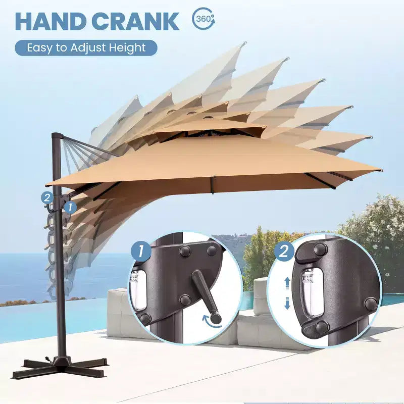 Parasol déporté inclinable à 2 niveaux, carré, pour patio, rotation à 360°