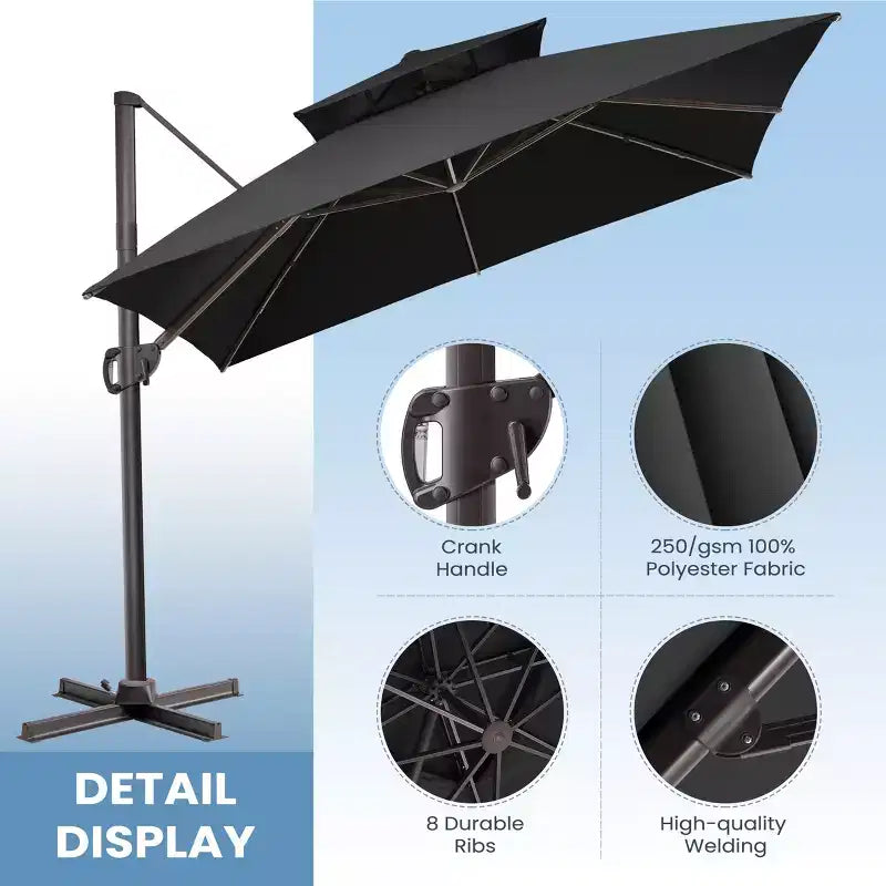 Parasol déporté inclinable à 2 niveaux, carré, pour patio, rotation à 360°