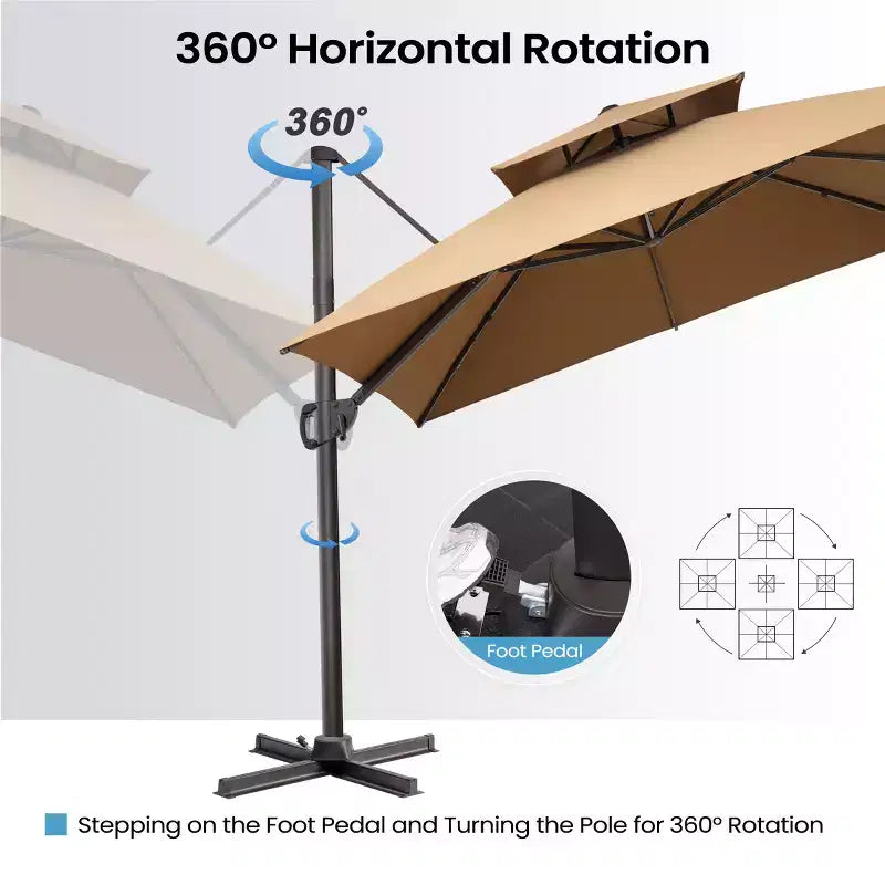 Parasol déporté inclinable à 2 niveaux, carré, pour patio, rotation à 360°