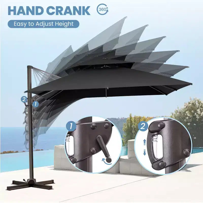 Parasol déporté inclinable à 2 niveaux, carré, pour patio, rotation à 360°