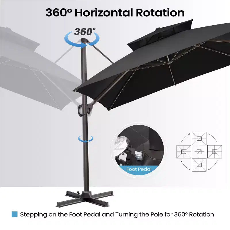 Parasol déporté inclinable à 2 niveaux, carré, pour patio, rotation à 360°