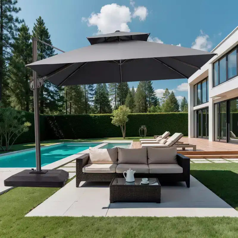 Parasol déporté inclinable à 2 niveaux, carré, pour patio, rotation à 360°