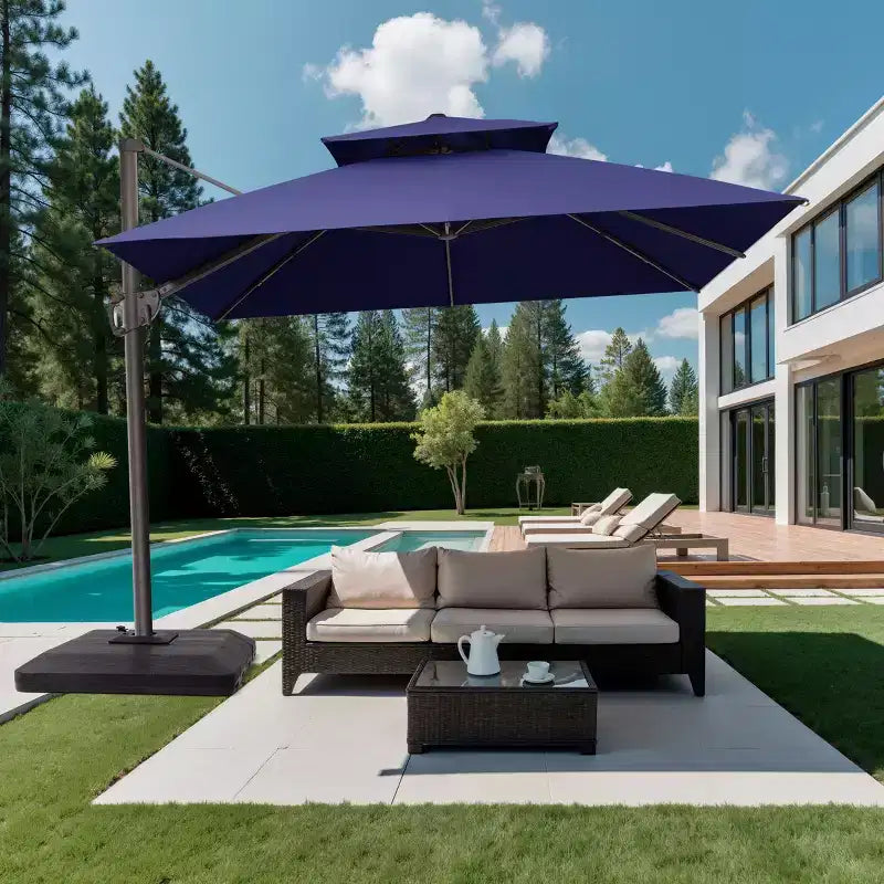 Parasol déporté inclinable à 2 niveaux, carré, pour patio, rotation à 360°