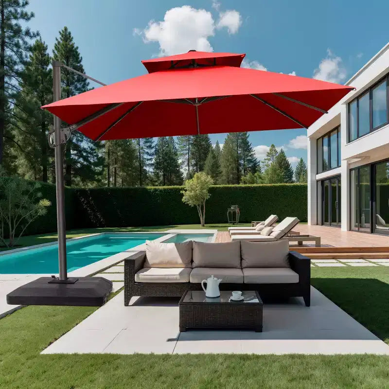 Parasol déporté inclinable à 2 niveaux, carré, pour patio, rotation à 360°