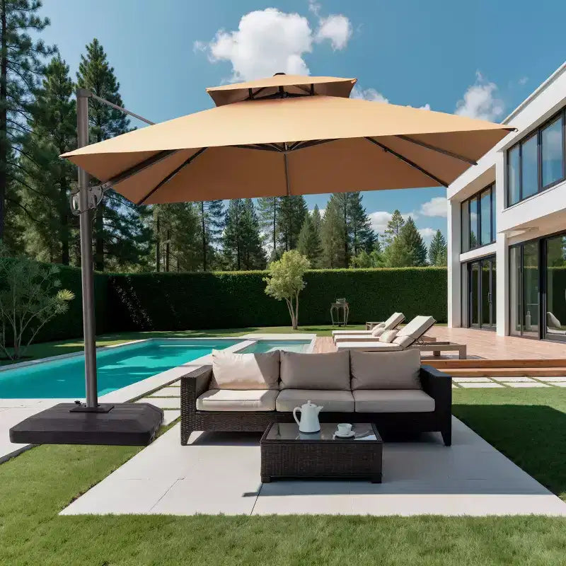 Parasol déporté inclinable à 2 niveaux, carré, pour patio, rotation à 360°