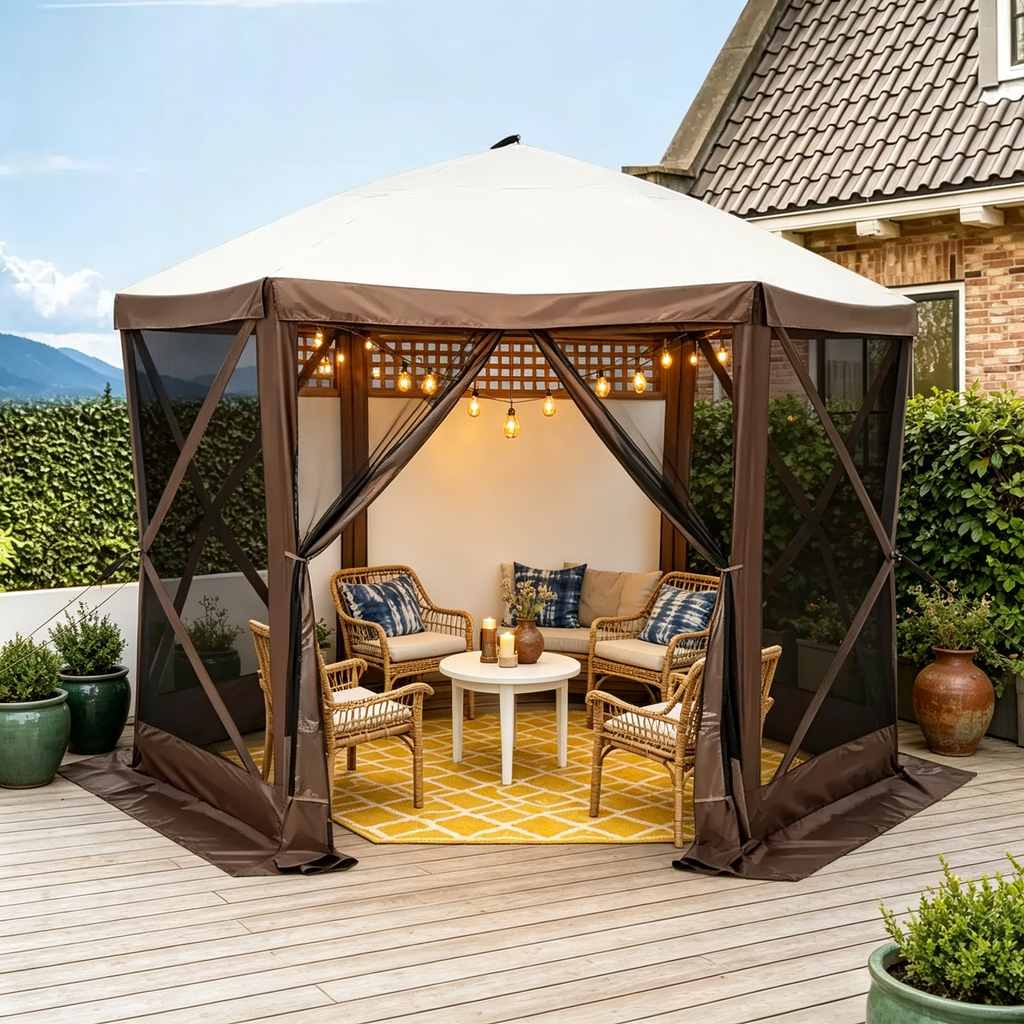 Tonnelle pop-up avec parois entièrement grillagées - Abri solaire instantané à 6 côtés